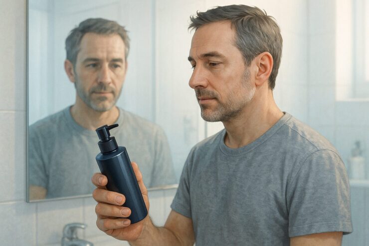 semi-realistic horizontal illustration of a middle-aged man in his 40s standing in front of a bathroom mirror, holding a dark-colored scalp care product bottle (suggesting a hair tonic like IQOS EX Plus) in one hand. The man's expression is calm and thoughtful, reflecting on the product. Natural soft lighting, gentle shadows, clean bathroom background with subtle blur, focus on lifestyle and authenticity, product partially visible but no readable text, realistic yet warm and relatable atmosphere
