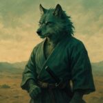 荒野に佇むオオカミの獣人サムライ、緑青色の着物姿で静かに前を見つめている