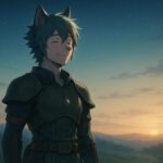 朝焼けの草原に立ち、やさしく微笑むサクロウのイラスト