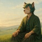 サムライ装束で草原に座り、肩の力を抜いたサクロウの朝のひととき