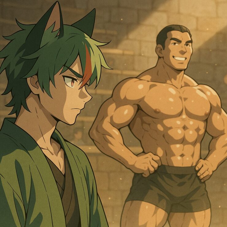 Sakurou observes a confident muscular man striking a pose in the arena, silently reflecting.