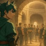 Sakurou, a wolf-eared adventurer, arrives at a bustling arena filled with disciplined men preparing for a challenge.