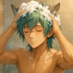 A young wolf-eared boy with verdigris hair washes his hair with foam in a steamy bath, smiling with his eyes closed（緑青の髪をした狼耳の少年が、湯気立つ浴室で髪を泡立てながら微笑んでいる）