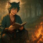 A cheerful wolf-eared humanoid reading a book by the campfire in a forest at dawn.（夜明けの森で焚き火を囲みながら本を読む狼耳の青年）