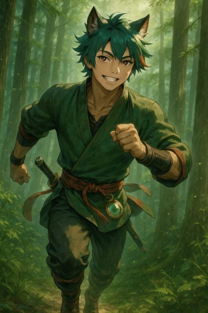 Running through the misty forest, a wolf-beastman in green-blue lightwear, symbolizing freedom and minimalism.(朝霧の森を駆ける緑青の獣人──軽やかさと自由の象徴)