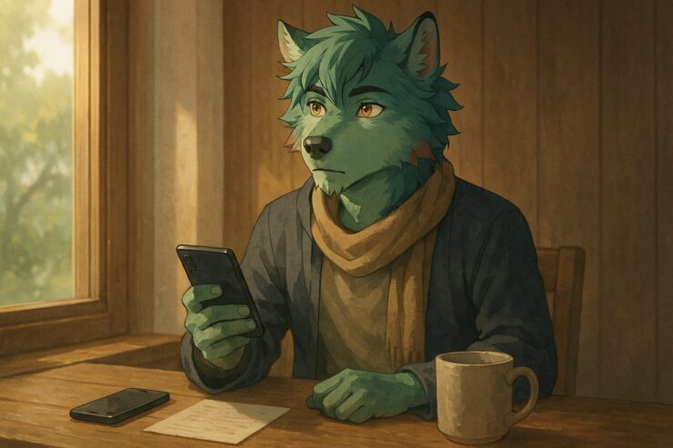 A wolf beastman sitting at a wooden table, gazing upward while holding a smartphone, with two phones and a notepad beside him, suggesting a thoughtful lifestyle shift.