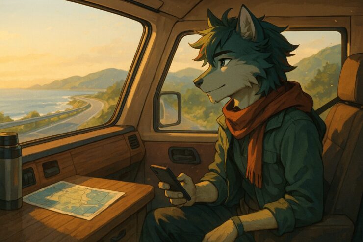 A traveling wolf beastman looking out from a camper van window, with sunlight pouring in and a sense of motion and calm.