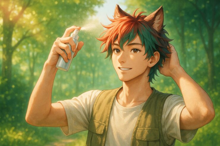 Young man spraying UV mist in a sunlit forest before outdoor activity（森林の朝にUVミストで整える青年）