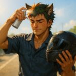Post-helmet grooming with scalp mist in summer by a wolf-human hybrid man（ヘルメットを外し頭皮ケアをする兄貴）