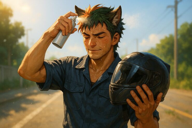 Post-helmet grooming with scalp mist in summer by a wolf-human hybrid man（ヘルメットを外し頭皮ケアをする兄貴）