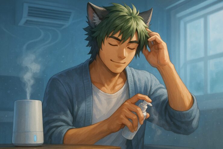 Summer-haired man using leave-in treatment indoors under air conditioning（冷房下で洗い流さないトリートメントを使う兄貴）