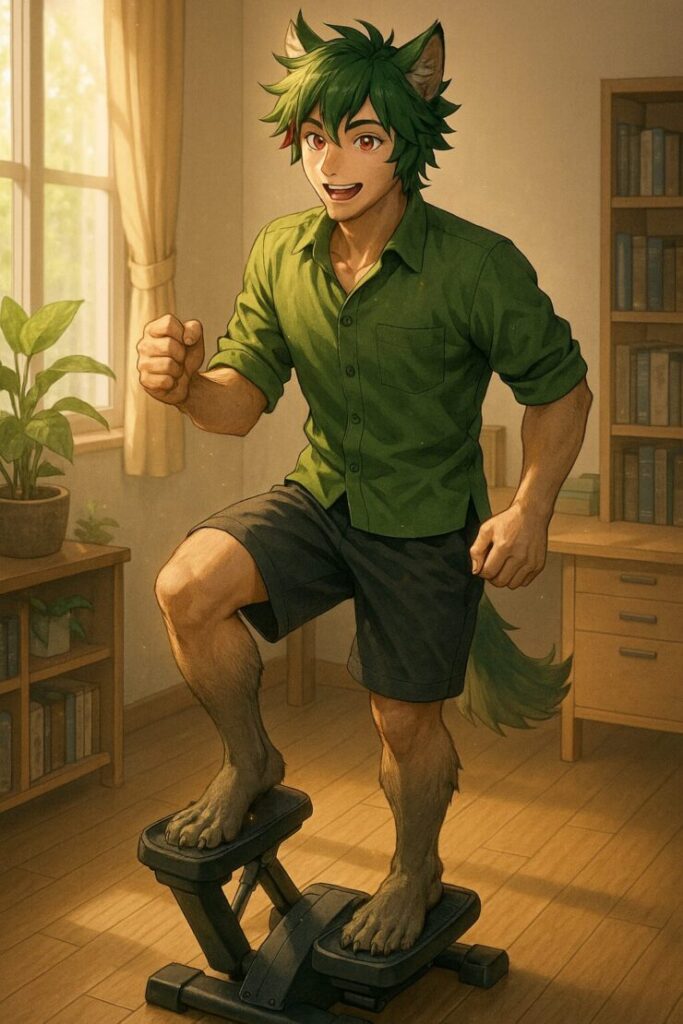 Sakurou stepping on a compact stepper in a sunlit room, smiling with vitality and focus(サクロウがステッパーで運動する朝の一場面)