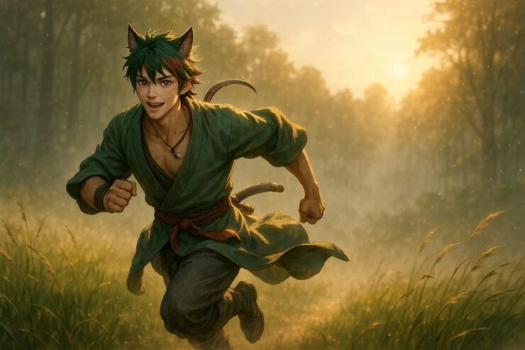 草原を走る狼耳の青年獣人キャラクター｜躍動・自然・鼻呼吸のイメージビジュアル