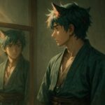 朝の光が差す部屋で鏡を前に佇む獣人の青年──緑青の髪に焔赤の筋をもつ狼耳の少年が、整え直す前の静かな決意を宿した横顔