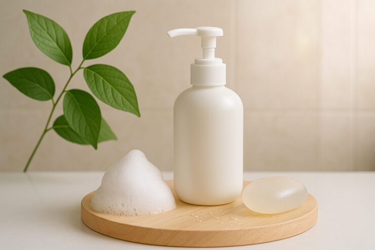 White pump bottle with foamy soap and clear bar on a wooden tray, accompanied by fresh green leaves and soft natural light. ナチュラル素材に囲まれた白いポンプボトルと泡、木製トレーのやさしい構図