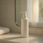 White hair tonic bottle placed on a bathroom counter with a soft towel and mirror, lit by natural morning light. 清潔感ある白い育毛剤ボトルと洗面所のやさしい朝の光