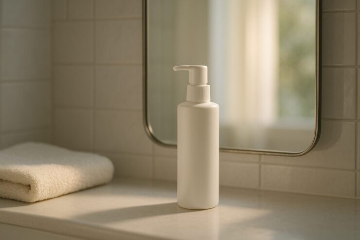 White hair tonic bottle placed on a bathroom counter with a soft towel and mirror, lit by natural morning light. 清潔感ある白い育毛剤ボトルと洗面所のやさしい朝の光