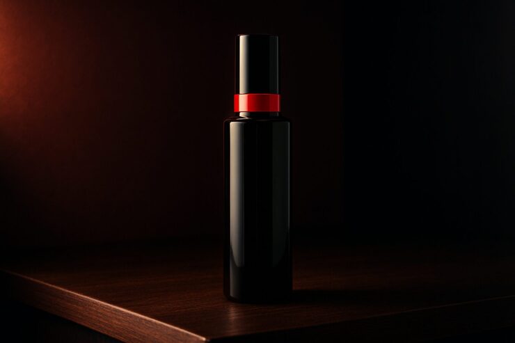 Glossy black hair growth spray bottle with a red ring, placed on a wooden surface under dramatic lighting. 男性的な重厚感ある黒の育毛スプレーボトル