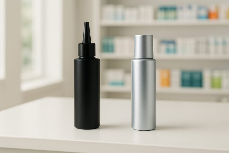 Two contrasting hair growth bottles—one black, one silver—placed diagonally on a white counter in a bright pharmacy-like setting. 白いカウンターに並んだ黒と銀の育毛剤ボトル、明るい店内背景
