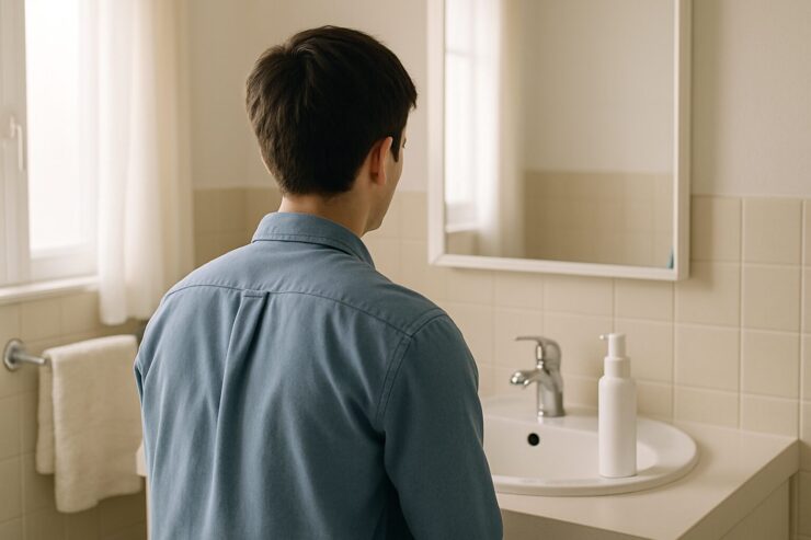 Young man in a blue shirt standing in front of a bathroom mirror, with a white hair tonic bottle on the sink and warm natural light. 若い男性が洗面所の鏡前に立つ朝のスキンケアシーン