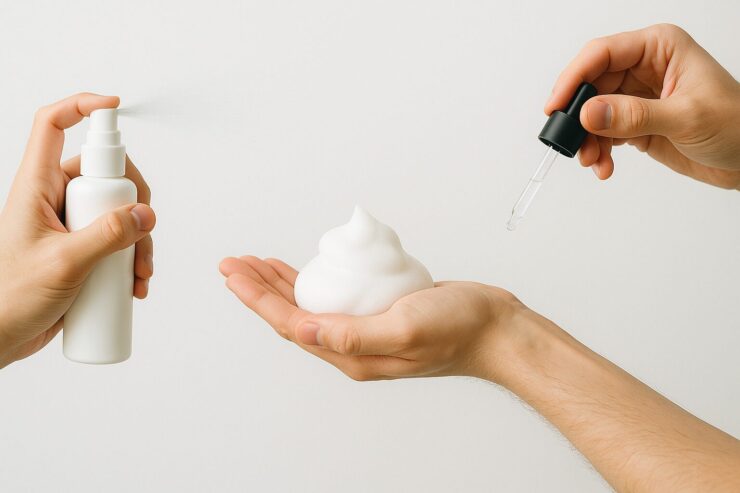 Three hands demonstrating different hair product types: spray mist, foam, and liquid drop, against a clean white background. スプレー・泡・液体の育毛剤を手元で比較する清潔感ある構図