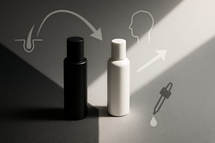 Black and white hair treatment bottles placed at a diagonal split of light and shadow, with symbolic arrows and icons illustrating a conceptual choice. 光と影が分かつ空間に置かれた黒と白の育毛・発毛ボトル
