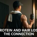 ジムのロッカールーム前で、プロテインシェイカーを持ち静かに立つ男性の後ろ姿。運動後の落ち着いた空気と髪への意識を象徴する構図。