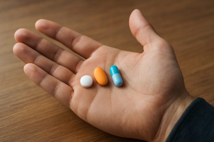 木目のテーブル上、男性の手のひらに3種類の異なる錠剤が並んでいる。AGA治療薬の違いを比較・選択するイメージとして構成。