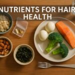 木製テーブルの上に、鮭・卵・ブロッコリー・ナッツ・サプリメントがバランスよく並べられている構図。髪に必要な栄養素を表現した朝食風景。