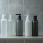 湯気の立ちこめるバスルームに並ぶ5本の無地スカルプシャンプー。シンプルで清潔感のある構成。