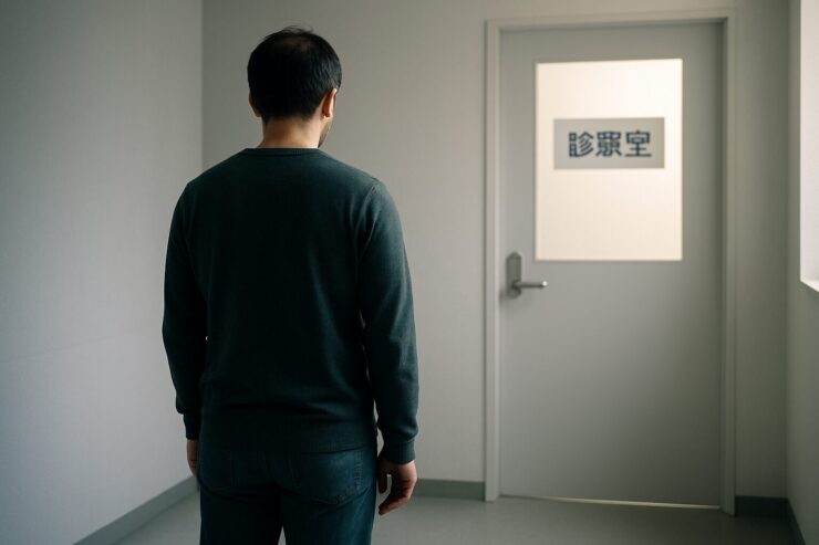 病院の診察室の扉の前で静かに立ち止まる男性の後ろ姿。受診するか迷いながらも一歩を踏み出そうとする様子を映した構図。