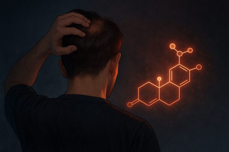 A man touching the crown of his thinning hair, with a glowing DHT molecular structure floating beside him, symbolizing the link between hormones and hair loss