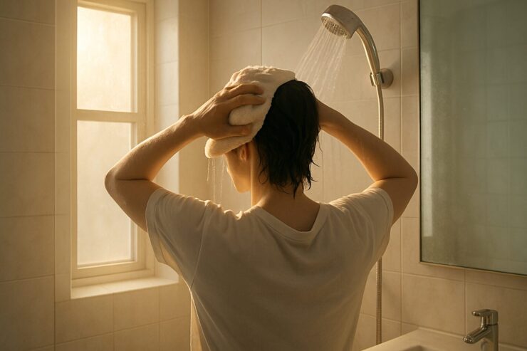 A person washing their hair under a morning shower, soft golden sunlight streaming through the bathroom window, evoking a calm yet questioning mood about daily hair care habits