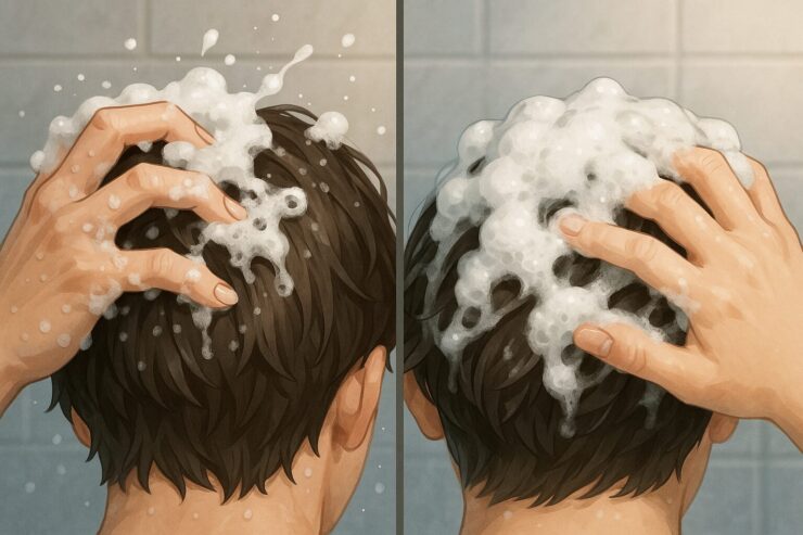 Split-screen image comparing two hair-washing techniques: on the left, a hand using fingernails with rough, scattered foam; on the right, a hand using the pads of the fingers with gentle, smooth bubbles, highlighting proper vs harmful scalp washing