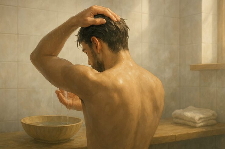 A man with short, wet hair rinsing with warm water in a steamy, softly lit bathroom, symbolizing a minimalist male scalp care routine without shampoo