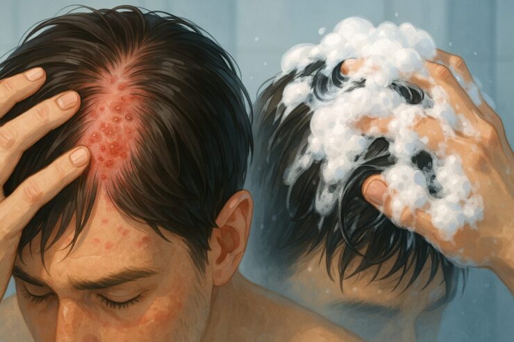 A close-up of a man's irritated scalp with redness and flaking caused by seborrheic dermatitis, alongside a scene of shampoo being massaged into his hair to relieve the inflammation