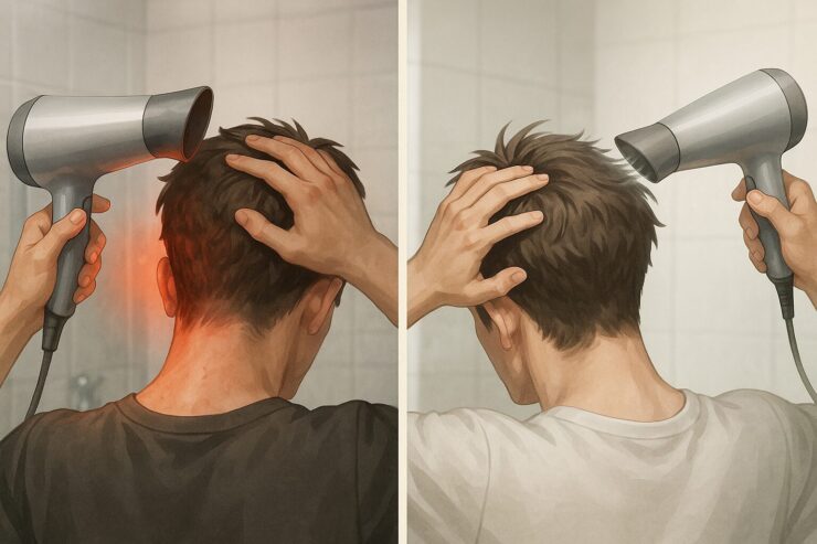 Split-view of a man drying his hair: the left side shows close-range, harsh heat causing scalp redness, while the right side shows proper airflow from a safe distance, promoting healthy drying