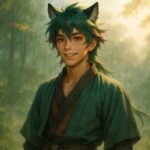 A young man with wild green-aqua hair and wolf ears smiles softly in a misty morning forest. Gentle sunbeams filter through the trees as he stands in a light samurai outfit, feeling the breeze.