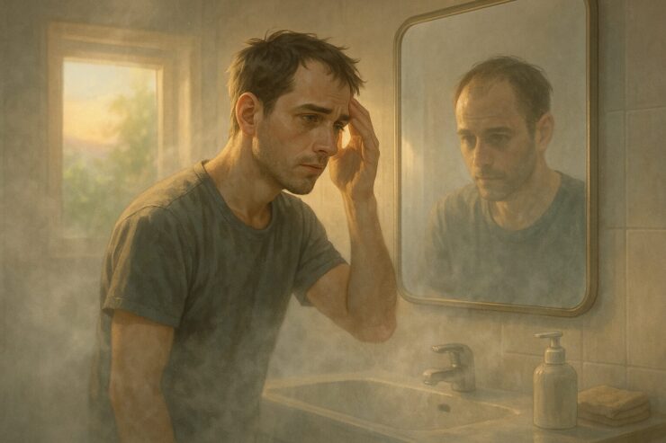 A concerned man looking at his thinning hair in a bathroom mirror, surrounded by warm morning light and gentle steam, symbolizing quiet reflection and early signs of hair loss.