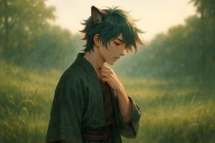 A wolf-eared young man with windblown greenish-blue hair streaked with red, standing in a sunlit meadow and gently touching his neck with a pensive expression.