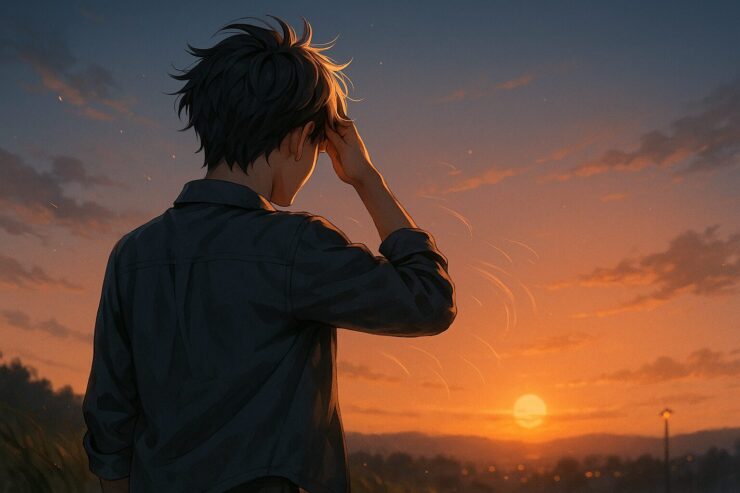 Young man standing on a hill at sunset, touching his scalp with one hand, back view, wind blowing through his hair