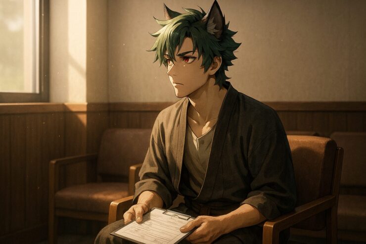 Sakurou sitting in a clinic waiting room with a medical form on his lap, looking slightly tense but composed in soft sunlight