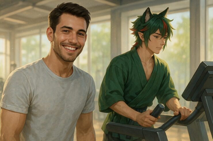 A smiling man in a gray T-shirt stands confidently in a bright gym while a wolf-eared youth with green and red-streaked hair exercises beside him on a treadmill, both surrounded by warm natural light.