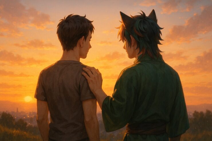 Two young men stand side by side on a hill during sunset, one resting his hand on the other's shoulder in a quiet moment of support, with a warm sky glowing behind them.