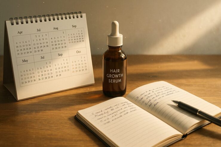 Hair growth serum with calendar and journal on wooden desk, morning sunlight and floating dust