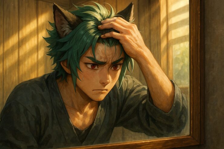 Sakurou checking his scalp in front of a mirror with a concerned expression, morning light in a wooden room