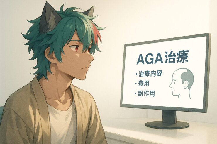 Sakurou in a clean clinic, profile view, watching an AGA treatment explanation on a monitor with soft white lighting