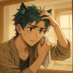 Sakurou checking his scalp in a bathroom mirror, lifting his hair with one hand, concerned expression under warm natural light