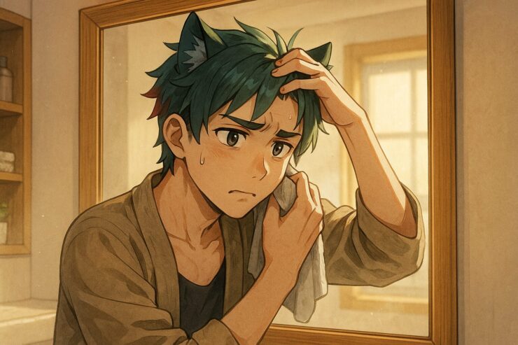 Sakurou checking his scalp in a bathroom mirror, lifting his hair with one hand, concerned expression under warm natural light