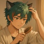 Sakurou brushing his hair gently in a cozy sunlit room, wolf ears visible, calm and focused expression